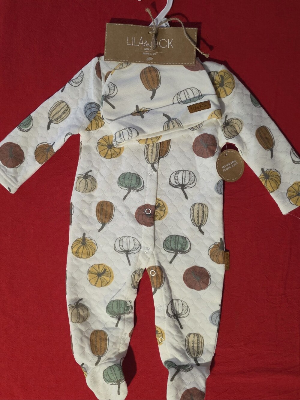 Lila & Jack Pumpkin Print Quilted Baby Footie & Hat Set